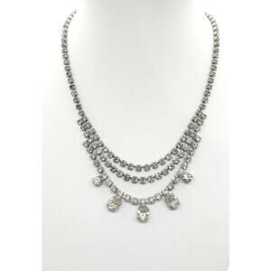 Vintage Rhinestone Drop Necklace Silver 3 Tiered Dangle Bride Prom Art Deco
